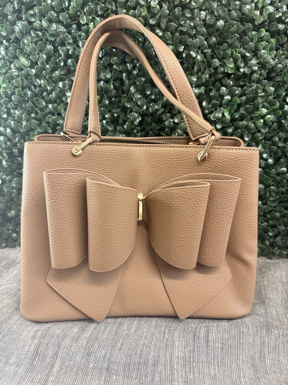 LIKE DREAMS/GROSSI Park double bowtie leather large satchel crossbody bag TAUPE
